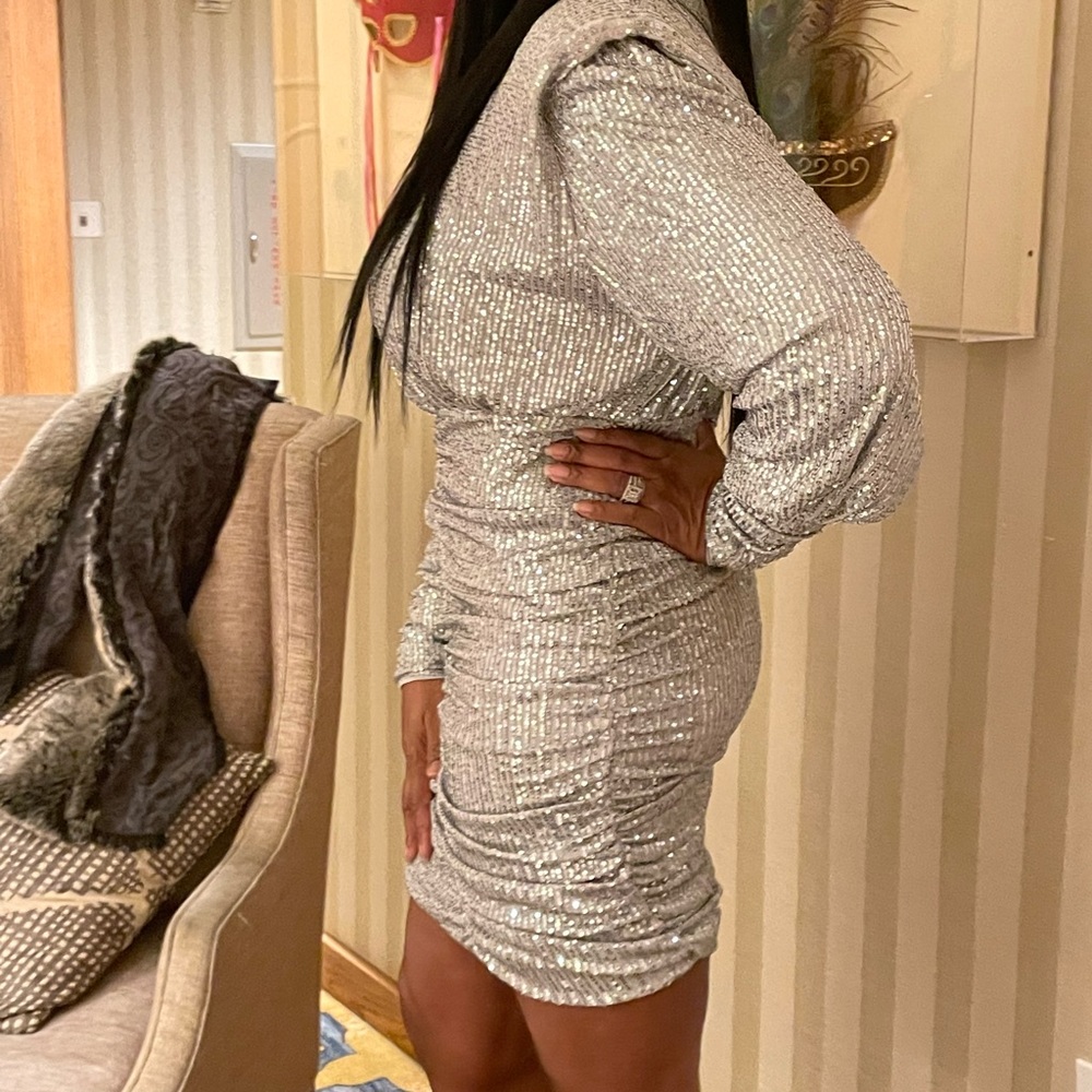 Silver Sequin Ruched Dress - Picture 3 of 4